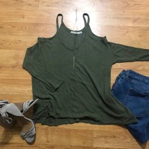 Cut shoulder olive green shirt